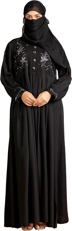 TRENDMALLS Women's Satin Black Abaya Burqa with Hijab Islamic Wear with Hand Work Embroidery Work Full Length Loose Fit Burqa