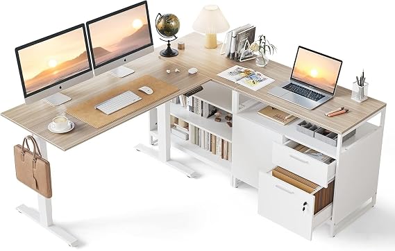 Cubiker 63" L Shaped Standing Desk with Storage, Executive Height Adjustable Table with Drawers, Light Walnut