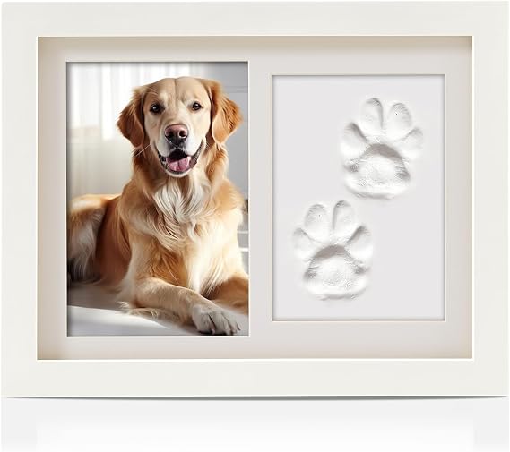 Pet Memorial Frame for Dogs and Cats,Pet Paw Print Photo Frame with Clay Imprint Kit,Pawprint Making Kit and Photo Display for 6" x 4" Photo, Perfect Pet Keepsake Gift for Pet Owner-White