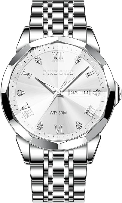 PINDOWS Men's Classic Quartz Watch Stainless Steel Diamond Dial