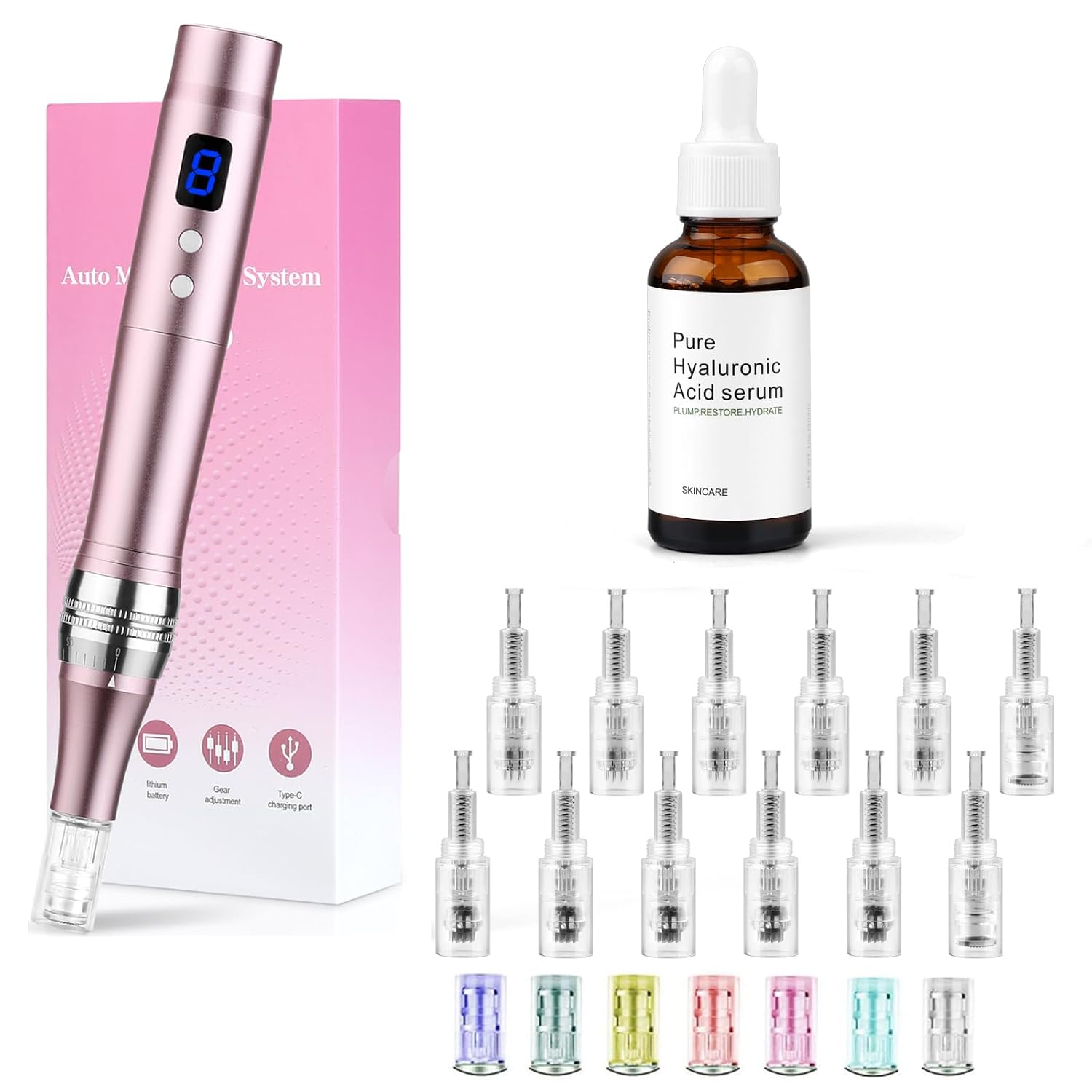 dessnill dermapen electric microneedling pen 0-2.0 mm with 7 model led light with hyaluronic acid anti-ageing anti wrinkle face serum includes 12 needles cartridges