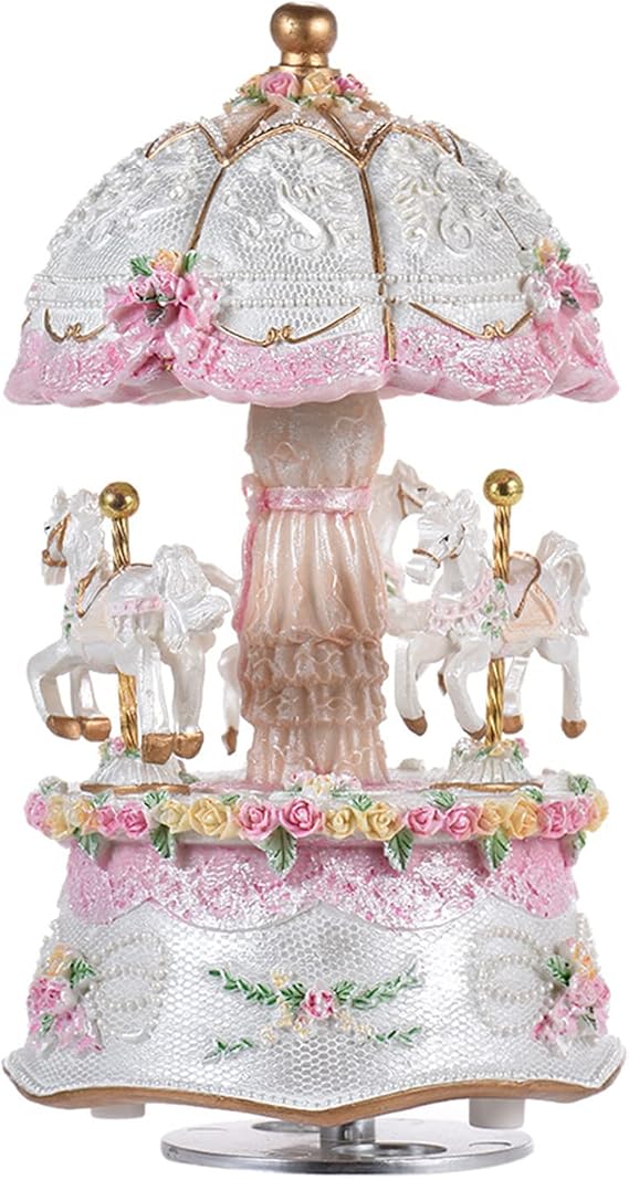 3-Horse Rotating Carousel Merry-go-round Windup Music Carousel with Colorful Color Change LED Luminous Light Melody of Castle in the Sky Artware Birthday Valentine Gift(white)