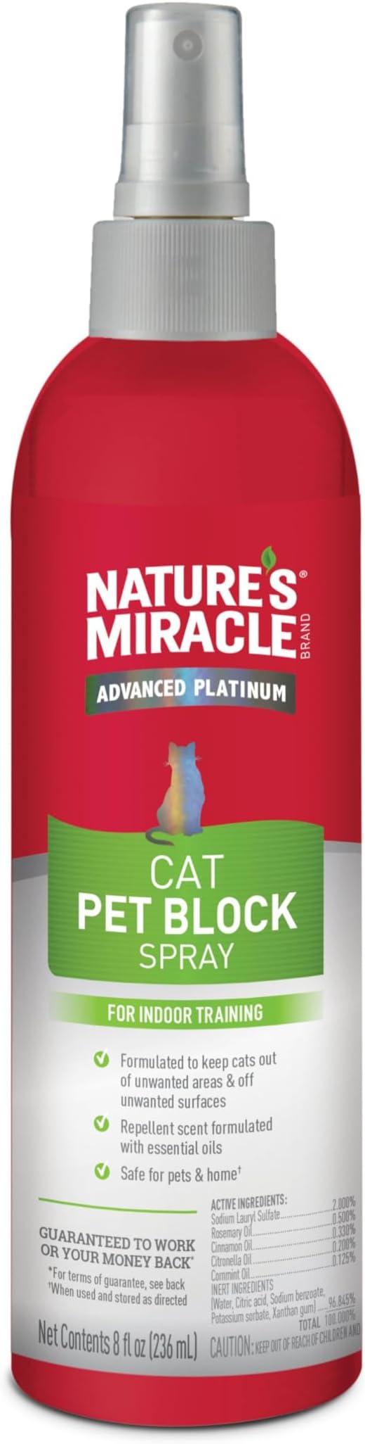 Nature's Miracle Cat Pet Block Repellent Spray, for Indoor Training, 8 oz | Helps Keep Cats Away From Unwanted Areas, Formulated With Essential Oils, Safe for Pets & Home