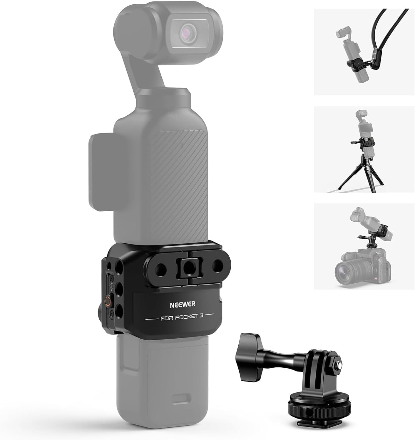 NEEWER Pocket 3 Kafes Gimbal Video Kayıt Cihazı, Alüminyum Alaşımlı, Aksiyon Kamerası Uzatma Adaptörü, 1/4 inç Dişli, Soğuk Ayakkabı, DJI Osmo Pocket 3 Creator Combo AC009 ile Uyumlu