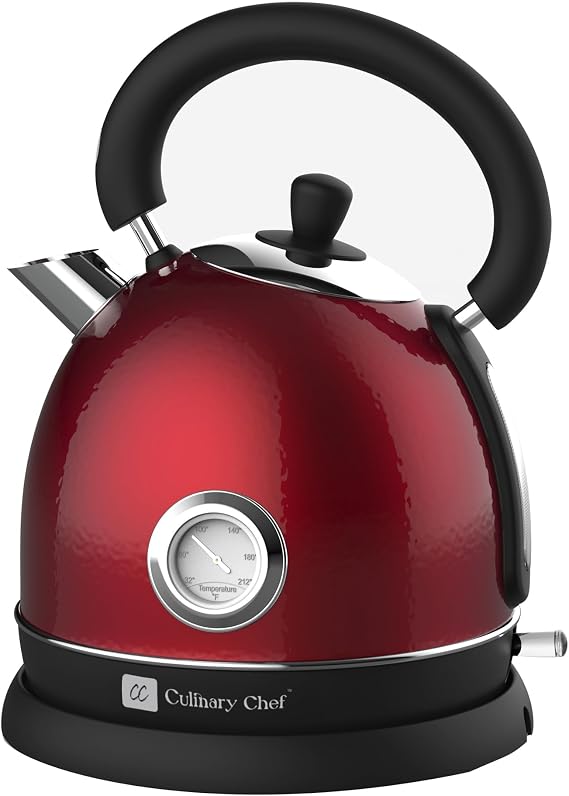 CULINARY CHEF Retro Electric Hot Water Kettle with Speed Boil Tech, Bpa-Free, 1.8, Stainless Steel, Red