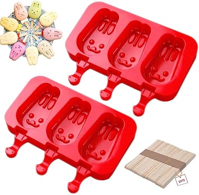 Sakolla Homemade Popsicle Silicone Molds with Lid, BPA Free Ice Cream Bar Mold, 3 Cavities Silicone Ice Pop Mold with 40 Wooden Sticks, Set of 2  Rabbit Shape