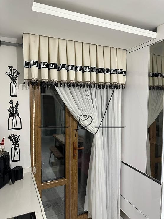 Mutfak Perdesi Farbela Versac Desen Transfer Baskı Uyumlu Boncuk 50 x 170 Ekru (kırık beyaz)