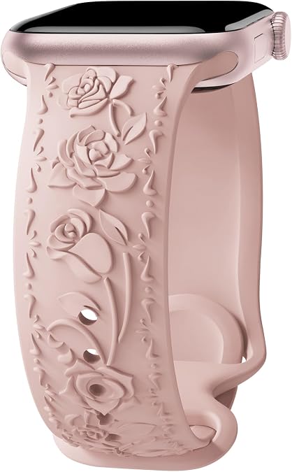 Floral Engraved Band Compatible with Apple Watch Band 40mm 41mm 38mm 42mm 44mm 45mm 46mm 49mm Women, Soft Silicone Cute Embossed Flower Strap for iWatch Band Series SE Ultra 11 10 9 8 7 6 5 4 3 2 1