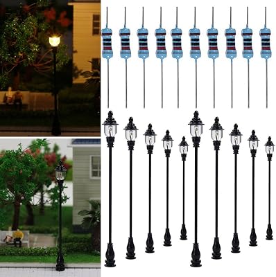 10pcs LED Street Light Lamp Posts for Model Railroad Train Layouts, 1:87 Scale Warm White Steel Lampposts, 3V AC DC for Resistors Included
