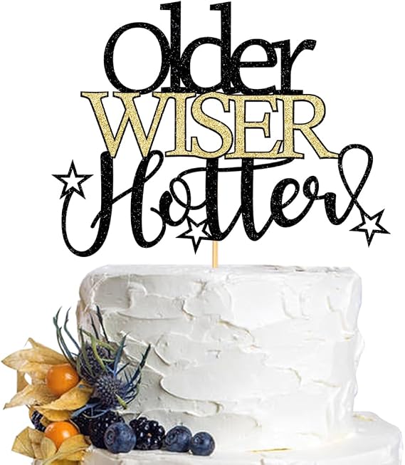 older Wiser Hotter Cake Topper-Fun Birthday Party Cake Decor | black gold Glitter Fun Birthday Party Supplies 30th 40th 50h Birthday Party Decor and retirement Party Decorations Supplies