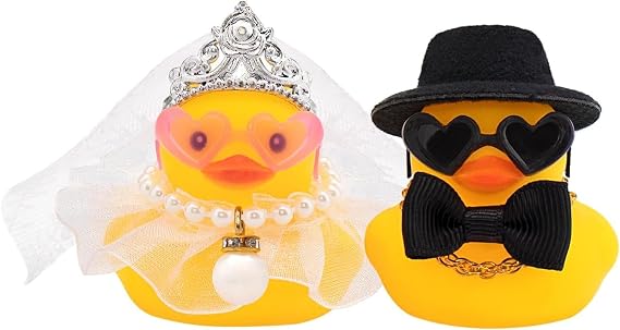 Set of 2 Squeaky Duck Wedding Couple Funny Wedding Gift for Bride and Groom Rubber Duck Bride and Groom with Heart Glasses Veil & Cylinder Bath Duck Wedding Wedding Gift & Decoration Wedding Gift