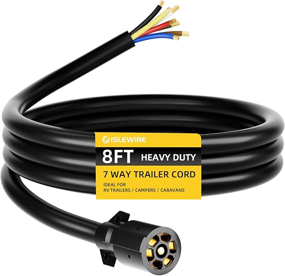 Heavy Duty 7 Way Trailer Cord - 8 Feet, Weatherproof & Corrosion Resistant 7 Wire Trailer Cable for RV Trailers and Campers - 8Ft 7-Pin RV Blade Trailer Side Replacement Molded Cable Wire