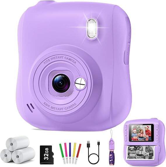 Instant Print Camera for Kids, Best 1080P HD Selfie Toy with 32GB SD Card