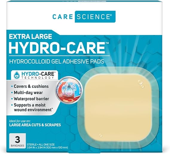 Care Science Extra Large Hydrocolloid Bandages, 4in x 4in, 3 Count | For Use on Minor Cuts, Scrapes and Blisters. Waterproof, Covers and Cushions, Supports a Moist Wound Environment.