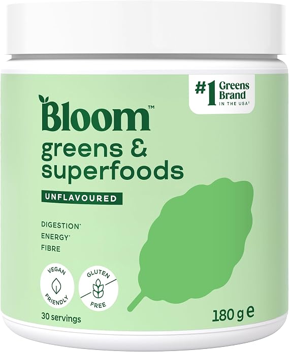 Bloom Super Greens Powder Unflavoured (30 Servings) with Probiotics, Digestive Enzymes, Spirulina & Chlorella, Sugar-Free