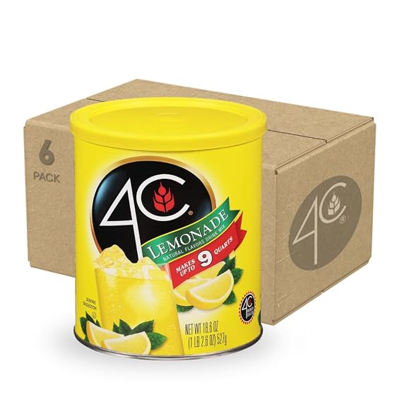 4C Powdered Drink Mix Canister, Lemonade 6 Pack, 9 Quarts, Family Sized Bin, Thirst Quenching Flavors