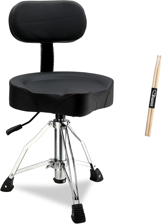 Drum Throne with Backrest | Heavy Duty Hydraulic Adjustable Stool, Saddle Seat & Bonus Drumsticks (Black)