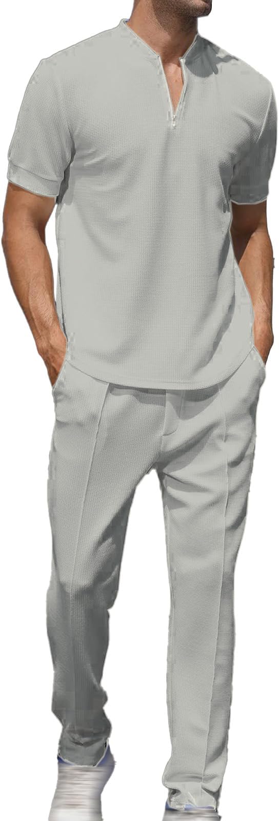 Men's 2 Piece Outfit Waffle Knit Short Sleeve Outfits Beach Summer Two Piece Sets Henley Shirt and Pants Set Loungwear
