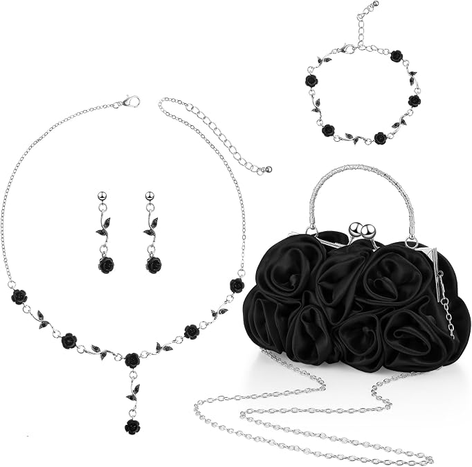Hicarer 5 Pcs Women Rose Clutch Purse Rose Jewelry Set Evening Handbag Gold Necklace Earring Bracelet for Wedding Gifts