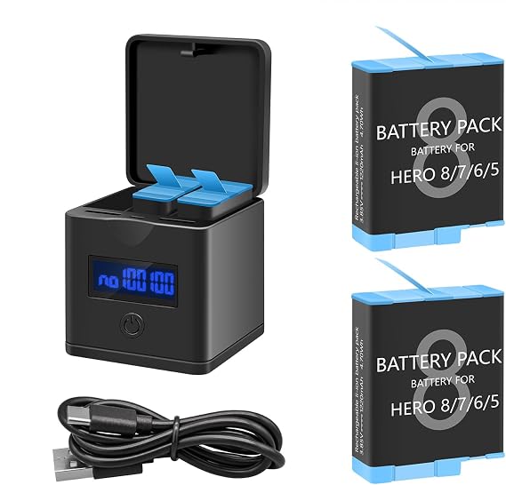 Suptig 3-Channel Charger Station + 2-Pack 1220mAh Batteries Compatible with GoPro Hero 5/6/7/8 Black, Digital Display & Dual Cable Ports