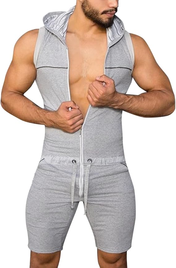 Mens Workout Jumpsuit Casual Hooded Playsuit Zip Up Sleeveless One Piece Rompers Work Athletic Onesie with Drawstring