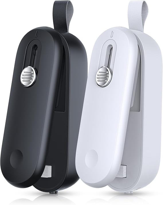 FEPPO 2 Pack Bag Sealer, Mini Bag Sealer 2 in 1 Handheld Chip Bag Sealer Heat Seal and Cutter with Lanyard, Portable Resealer for Snacks Plastic Bag Food Storage, Black/White (Batteries Included)