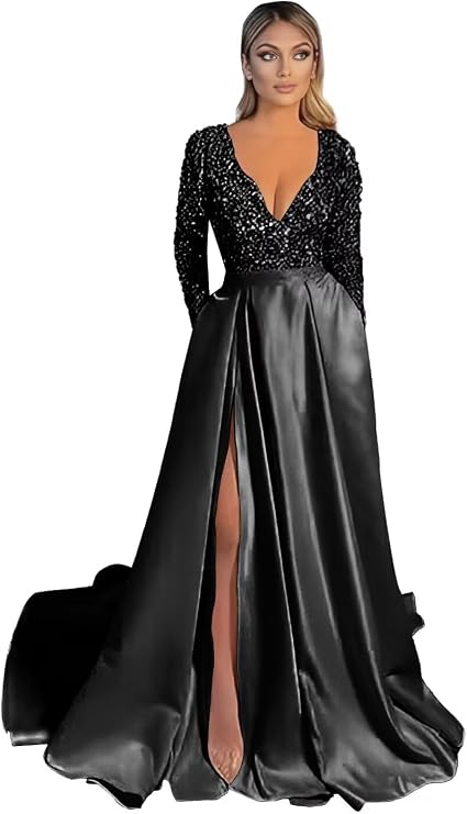 Sequin Prom Dresses for Women Long Sleeve 2026 Satin Ball Gowns Mermaid Formal Evening Party Gowns with Pockets