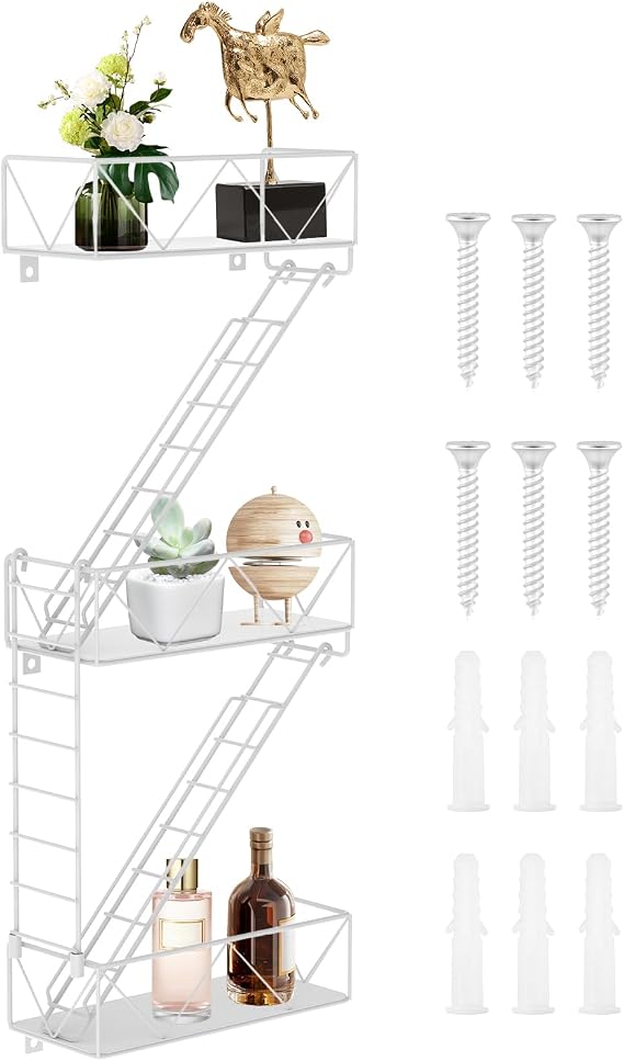 Metal Fire Escape Wall Shelf with Screws Unique Decorative Shelf for Bedroom Living Room and Home Decor Action Figure Display (White)