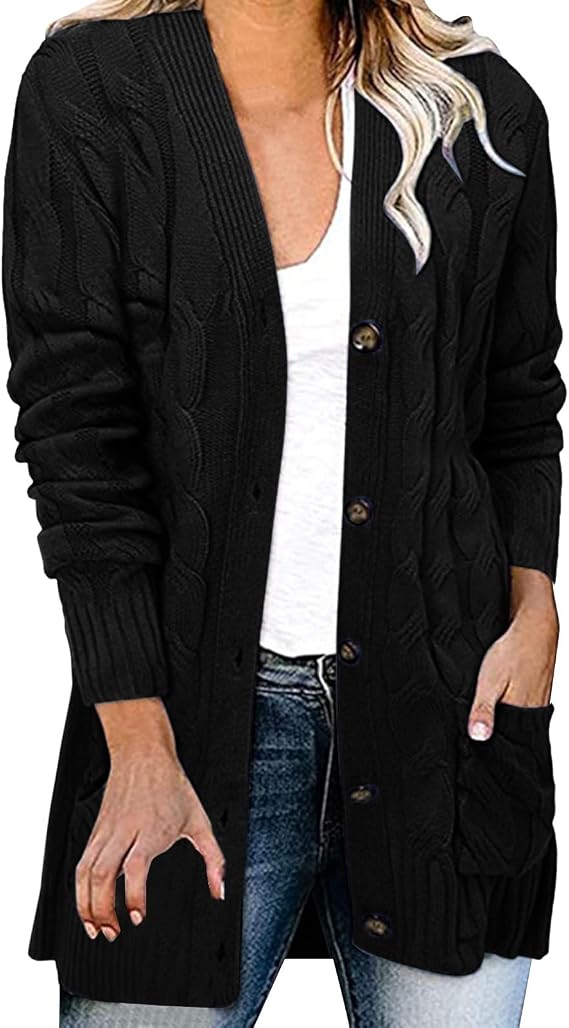 Womens Fall Winter Long Sleeve Cable Knit Sweater Cardigan Casual Lightweight Button Down Loose Chunky Knit Draped Sweaters