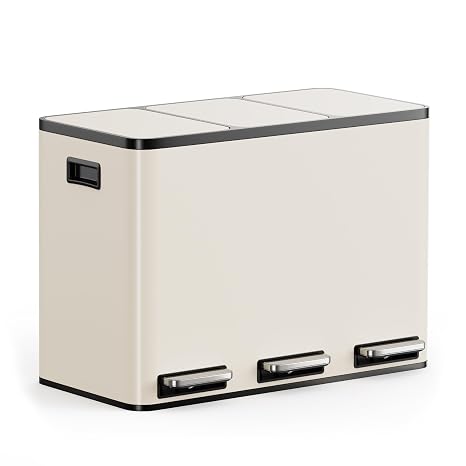 VonHaus Kitchen Bin, 45L Cream Triple Recycling Bin for Kitchen, Three Section Food Waste Separation System with Non-Slip Base & Removable Inner-Compartments, Airtight Trash Can, 3 x 15L
