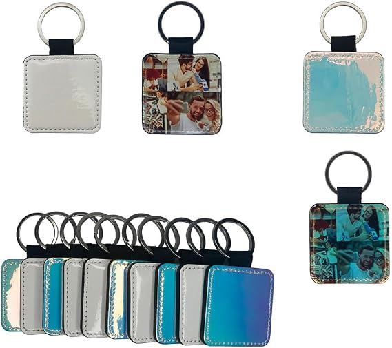 10 Pieces Sublimation Keychain (Blank leather + 7 Colors leather) Both Sides Can Be Sublimated DIY Craft (square)