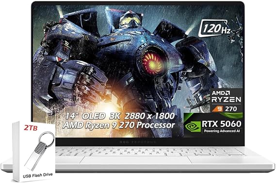 ASUS ROG Zephyrus G14 Gaming Laptop | 14" OLED 3K 120Hz G-SYNC 500nit | MD Ryzen 9 270 | 16GB RAM 1TB SSD | NVIDIA GeForce RTX 5060 | Wi-Fi7 BacklitKB Win11 | Platinum White | 2TB USB Drive, W/GaLiMu