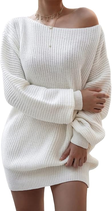 Women's Baggy Sweater Dresses Winter Lantern Sleeve Off Shoulder Casual Knit Dress