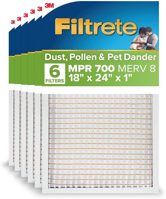 Filtrete 18x24x1 AC Furnace Air Filter, MPR 700, MERV 8, Tough on Pollen, Easy on Airflow, 3-Month Pleated 1-Inch Electrostatic Air Cleaning Filter, 6-Pack (Actual Size 17.81 x 23.81 x 0.81 in)