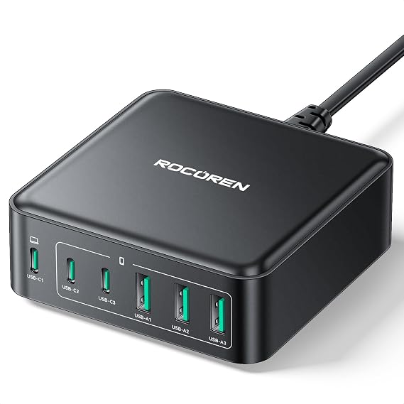 Rocoren 160W 3*Type-C and 3*USB-A 6 Port Charger Laptop Compatible GaN Desktop Charging Station