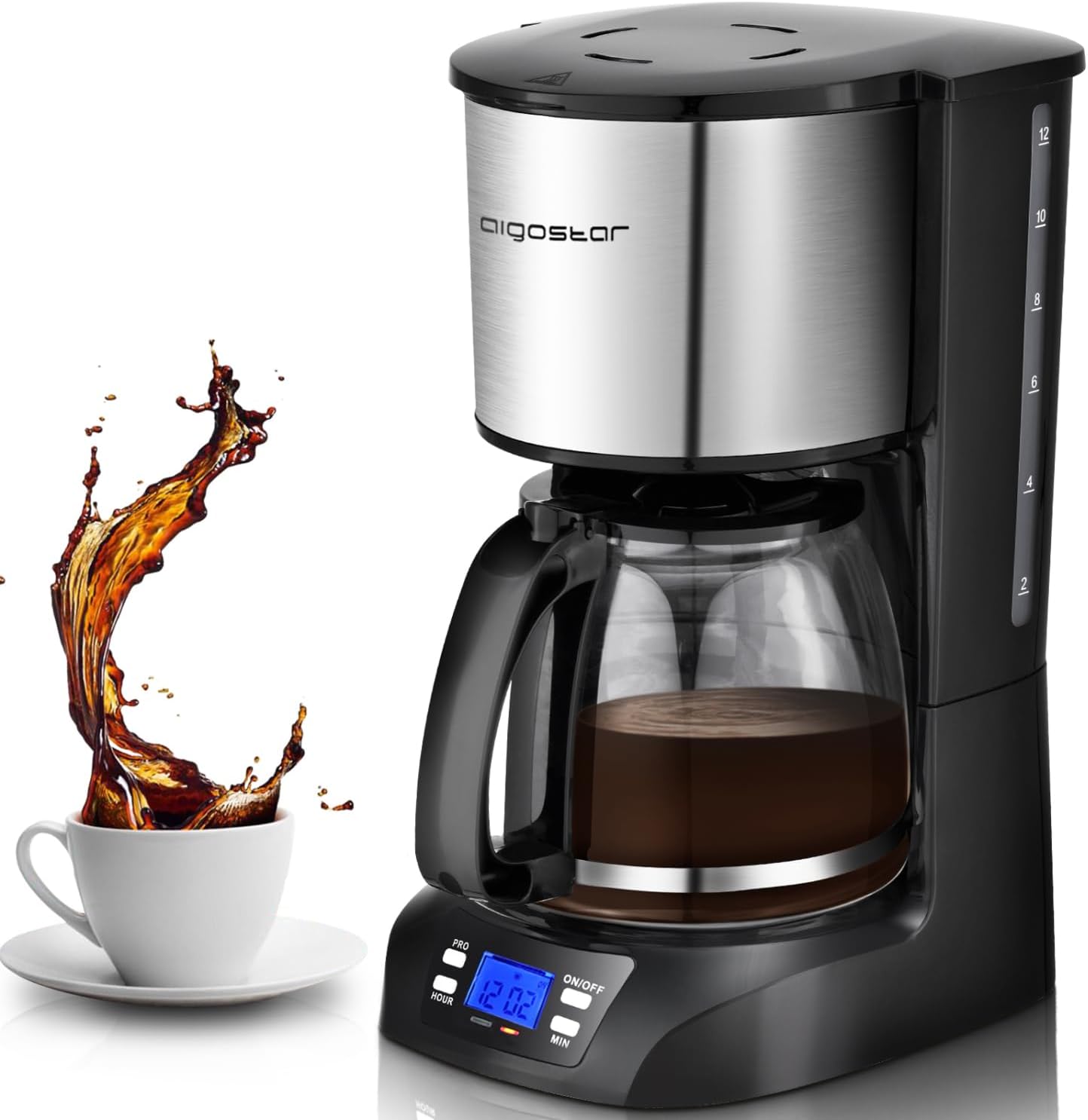 Aigostar Programmable Drip Coffee Maker with 24-Hour Timer, 1.5L12-Cup, Fast Brewing, 40-Min Keep Warm, Anti-Drip & BPA-Free, Wake to Fresh Coffee Daily - Benno