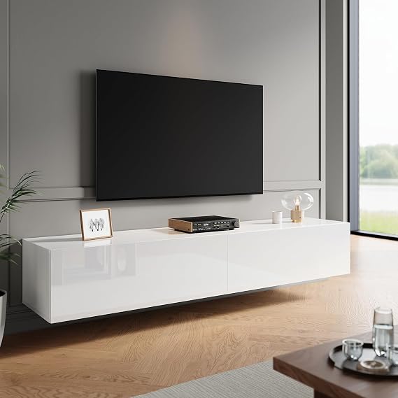 Floating TV Stand Cabinet with Pull-Down Door, High Gloss White TV Stand with Large Storage Shelves, Modern Wall-Mounted Unit for Living Room & Bedroom 1800x400x300mm