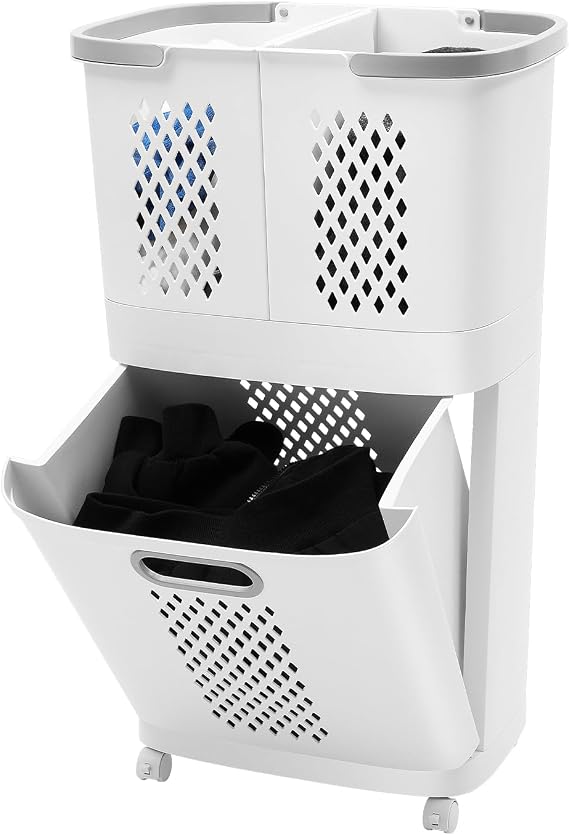 Rolling Laundry Hamper with Wheels, Grey Plastic Laundry Basket | Removable Dirty Clothes Basket with Handles Portable Rolling Clothes Hamper for Dorm, Laundry Room, Bathrooms, Kitchens