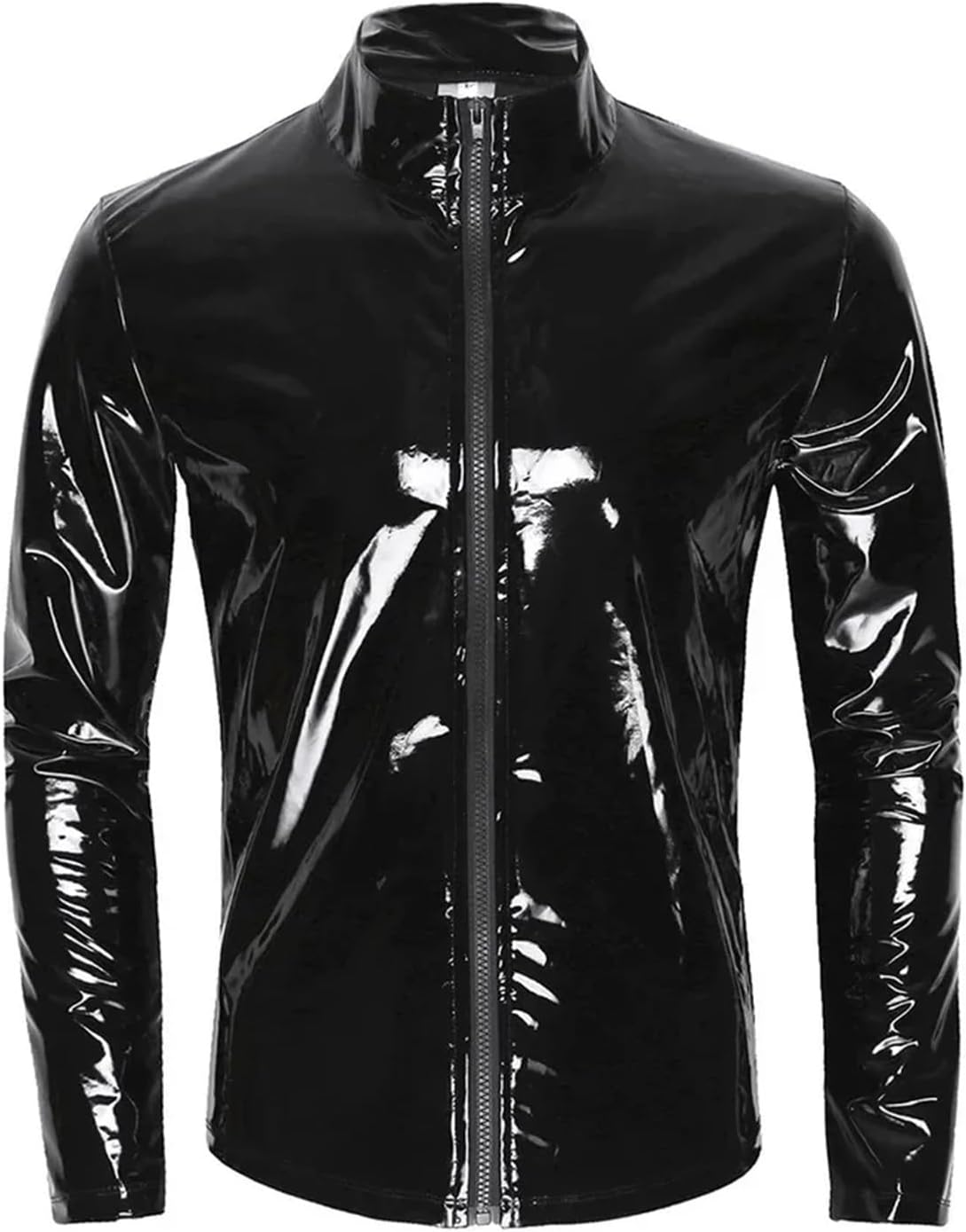 Mens Shirts Shiny PVC Leather Long Sleeve Zipper T Shirt Sexy Dance Party Clubwear Male Wetlook Glossy Leather Jacket Tops