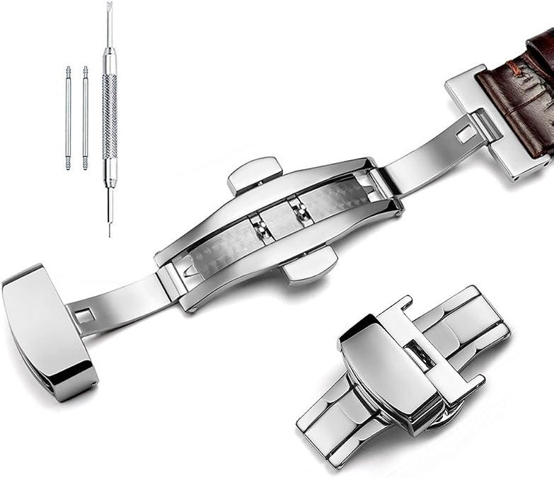 Stainless Steel Deployment Clasp Push Button Butterfly Folding Strap Buckle Replacement for Leather Watch Bands(1422mm)