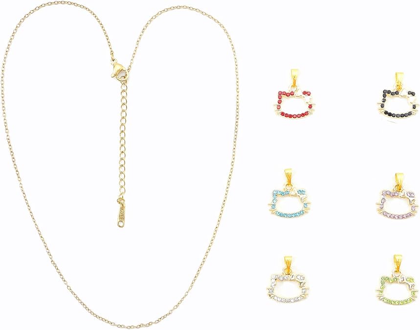 Cat Face Crystal Necklace Set 6pc - Interchangeable Charms, Adjustable Chain