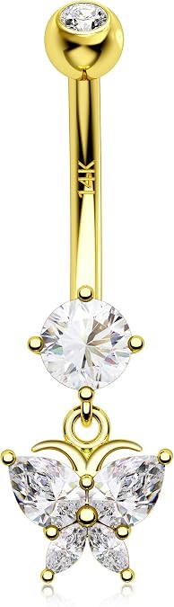 Melighting 14K Solid Gold Butterfly Belly Button Rings for Women - Dangle Belly Piercing With Clear CZ - Navel Rings for Woman Body Piercing Jewelry