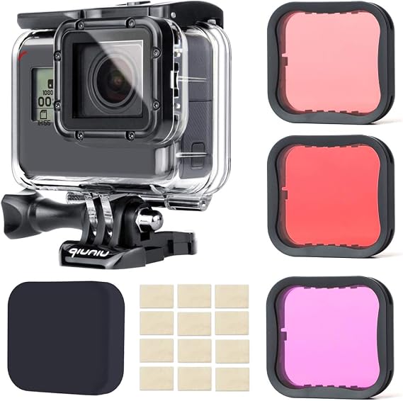 Waterproof housing case for GroPro Hero 5 6 7 Black Action Camera with Underwater Photography Filters - Red, Light Red and Magenta; Straight-in Design; Waterproof up to 147 feet