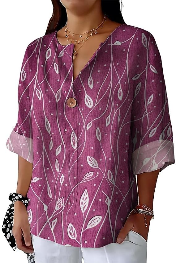 ZOCANIA 3/4 Sleeve Floral Spring Tops for Women V Neck Womens Button Down Blouse Loose Fit Summer Shirts Graphic Clothes