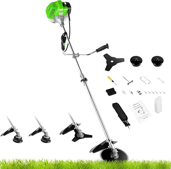58CC Gas Powered Weed Eater, 4 in 1 String Trimmer, Green | Brush cutter, weed Wacker, edger & saw blade heads, 58CC 2-cycle, 9300 RPM, 18.5 in cut path, straight shaft, pull start