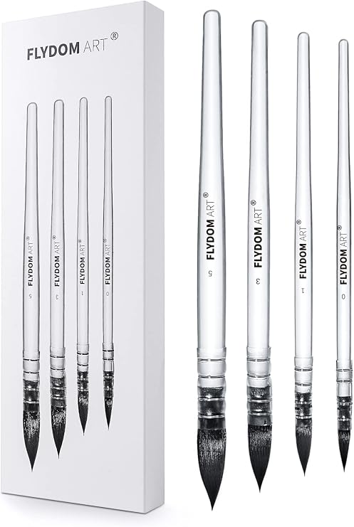 Watercolor Paint Brushes Set, Soft Synthetic Squirrel Hair, Pointed Round Mop Brush for Watercolor, Acrylic, Gouache, Aquarelle & Oil Painting, 4 Pcs Set
