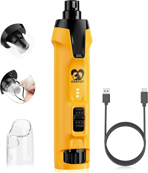 Casfuy 6-Speed Dog Nail Grinder 50%+ Boost Power Dog Nail Trimmers Quiet with Dust Cap & 2 LED Lights & 2000mAh Battery & 4.8V Motor Electric Pet Toenail File Tool for Large Medium Small Dogs Cats