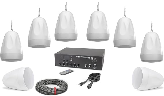 Pure Resonance Audio Retail Sound System with 6.5 Inch Pendant Speakers, 120 Watt Bluetooth Mixer Amplifier and Accessories (8 Speakers, White)