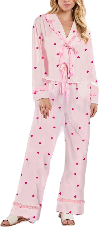 Yiulangde Womens Satin Silk Bow Tie Pajamas Cute Holiday Pjs Set Y2k Ribbon Sleeve Pajama Shirt Ruffle Pants 2 Piece PJ Sets
