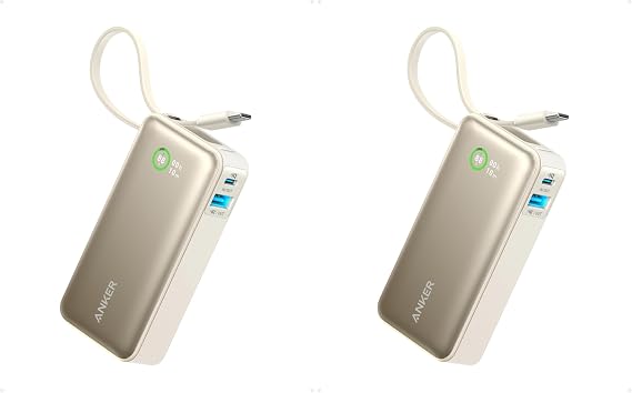 Anker Nano Power Bank, 10,000mAh Portable Charger with Built-in USB-C Cable, 30W Recharging, 30W Max Output with USB-C&A, for iPhone 16/15 Series, MacBook, Galaxy, AirPods, and More (Pack of 2)